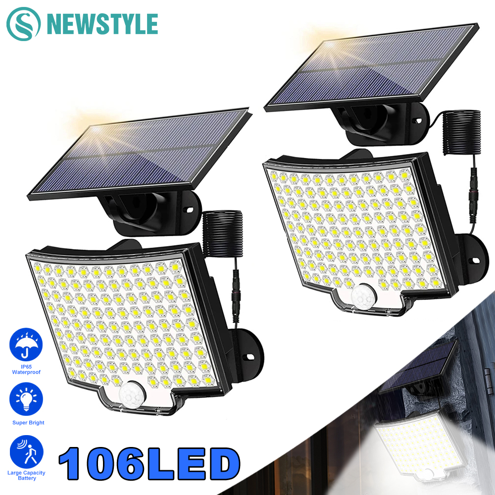 106 LED lumières d'inondation solaires extérieur télécommandé capteur de mouvement lumière de sécurité solaire alimenté du crépuscule à l'aube appliques murales Garage