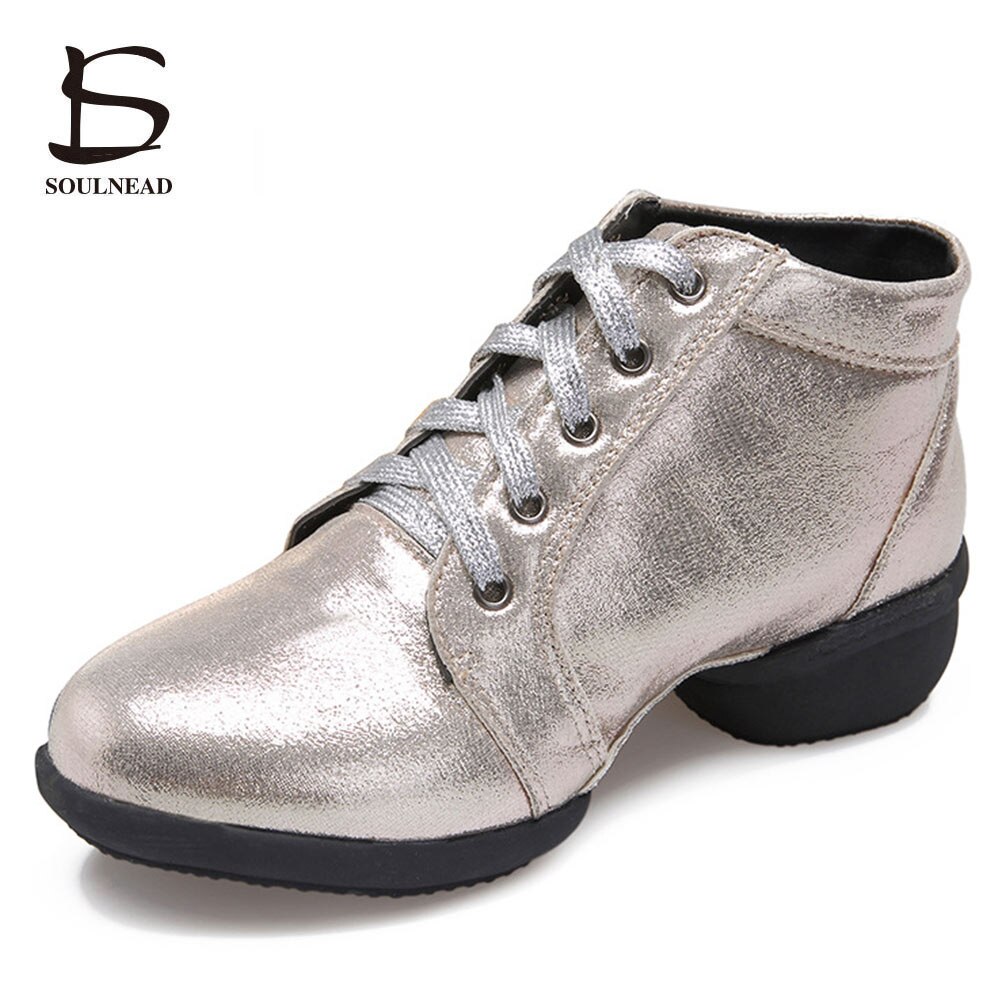 Zapatos de baile modernos para mujer, botas de baile de Jazz con tacón medio de cuero dorado, talla 35-41 de 4cm
