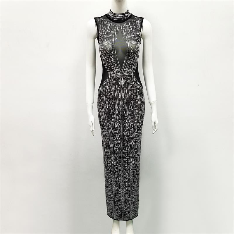 Vrouwen jurk zomer celebrity party zwarte hoge kraag boren MAXI lange jurk sexy mode groothandelaren Jurk + pak