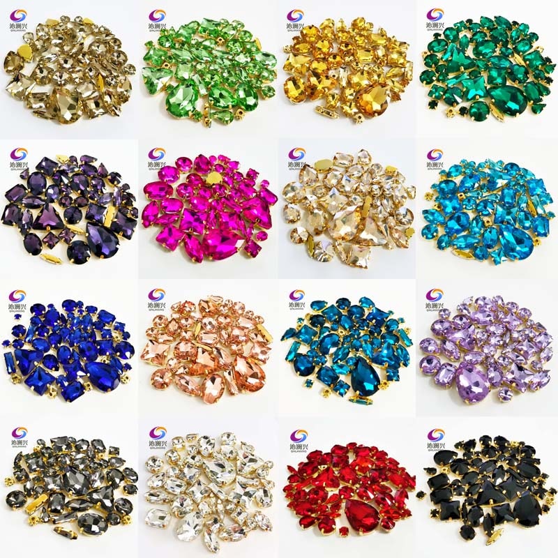58 stks/pak 22 Kleuren Gouden Basis Mix Vorm Top Kristalglas Naai op Stenen, Super Flash Klauw Strass Diy/kleding Accessoires