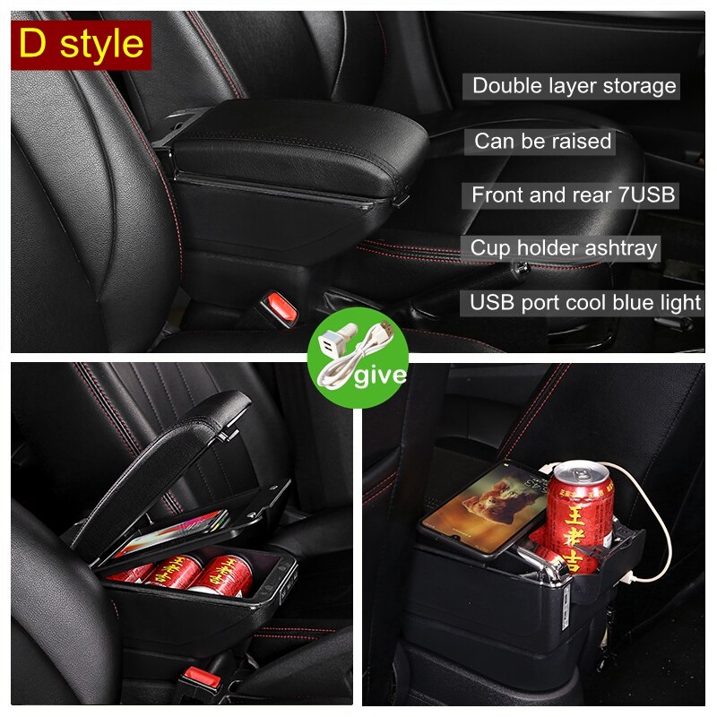 Armrest Box For Toyota Avanza Central Console Storage Retractable Rotatable Ashtray Cup Holder PU Leather USB Accessories: D Styke All Black