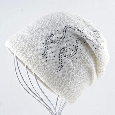 Varm strik beanie med rhinestones vinter dobbelt foring hatte til kvinder fletning ensfarvet skullies beanies dame kasket: Hvid