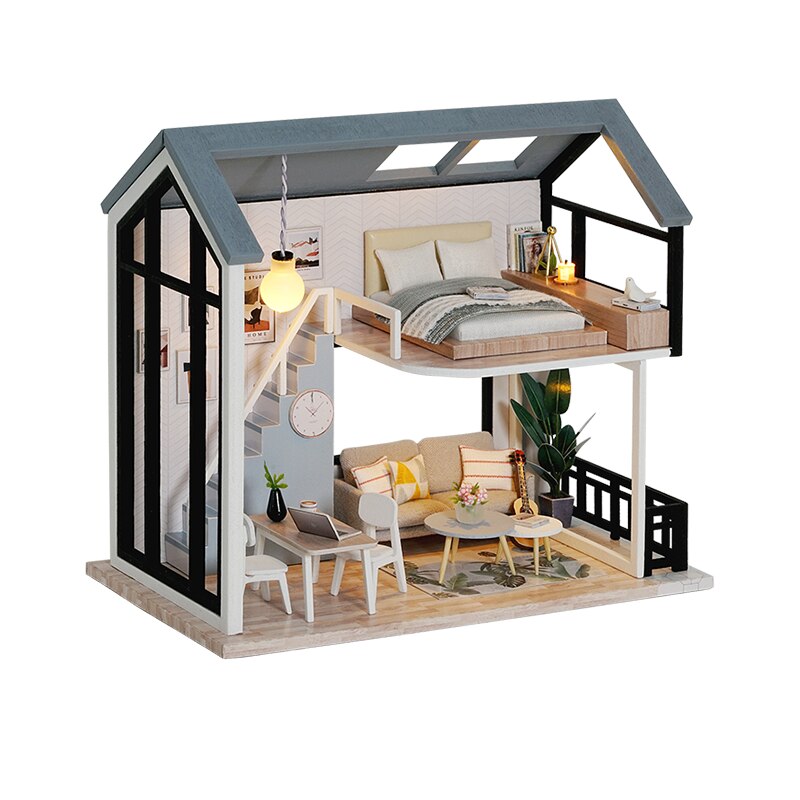 Casa de muñecas DIY para ensamblar madera, con muebles, puzle de apartamento nórdico, juguete para niños, de cumpleaños: QL002