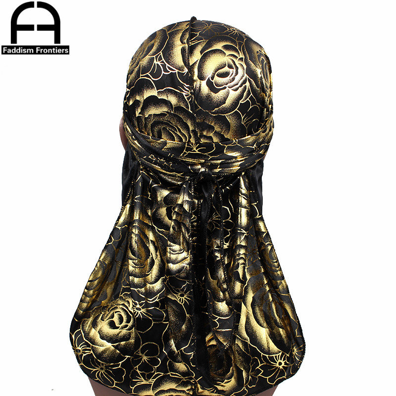 Turbante con estampado personalizado para hombre, Bandanas con estampado de rosas, correas largas de seda, accesorios para el cabello: Negro