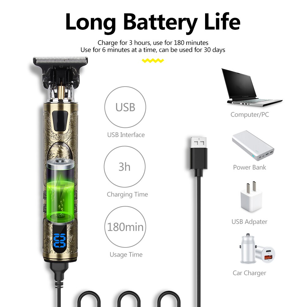 Tondeuse à cheveux électrique Vintage T9 pour hommes, rasoir Rechargeable USB 0mm, tondeuse à barbe professionnelle, salon de coiffure