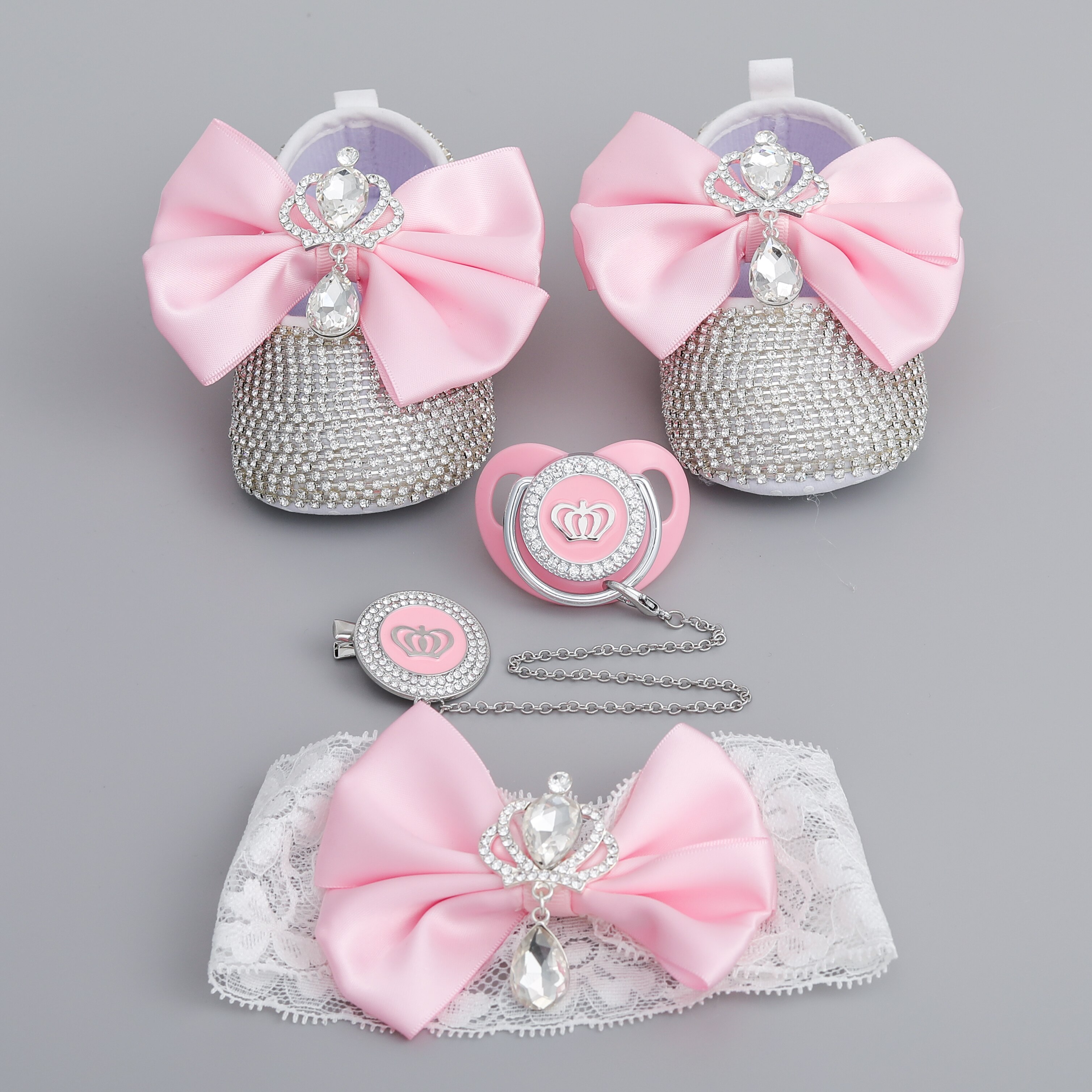 attache tetine pour bébés tétines et accessoires Dollbling – chaussures de luxe en strass pour bébé fille, ensemble de bandeau de premier marcheur, chaussures de princesse scintillantes, de fête prénatale SH: Pink02 UK Size-2