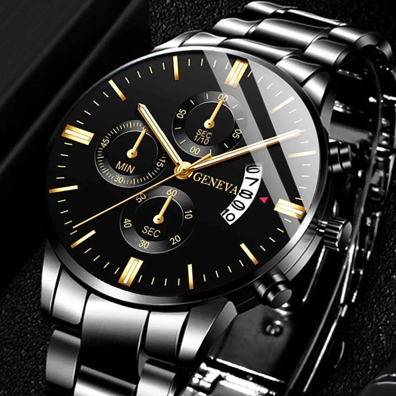 Mode Mannen Zwart Roestvrij Staal Horloge Luxe Kalender Quartz Horloge Heren Zakelijke Horloges Voor Man Klok Relogio Masculino