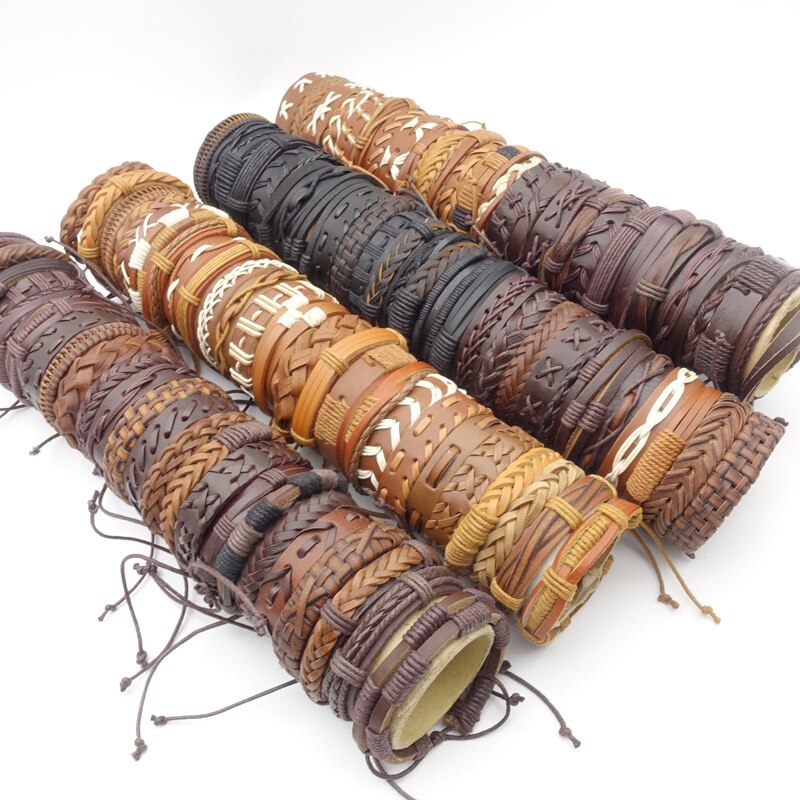 MIXMAX all&#39;ingrosso 50 pezzi bracciali polsino per uomo donna Mix stili fatti a mano in pelle gioielli moda regalo regalo scatola ridimensionabile confezionato: Black Brown