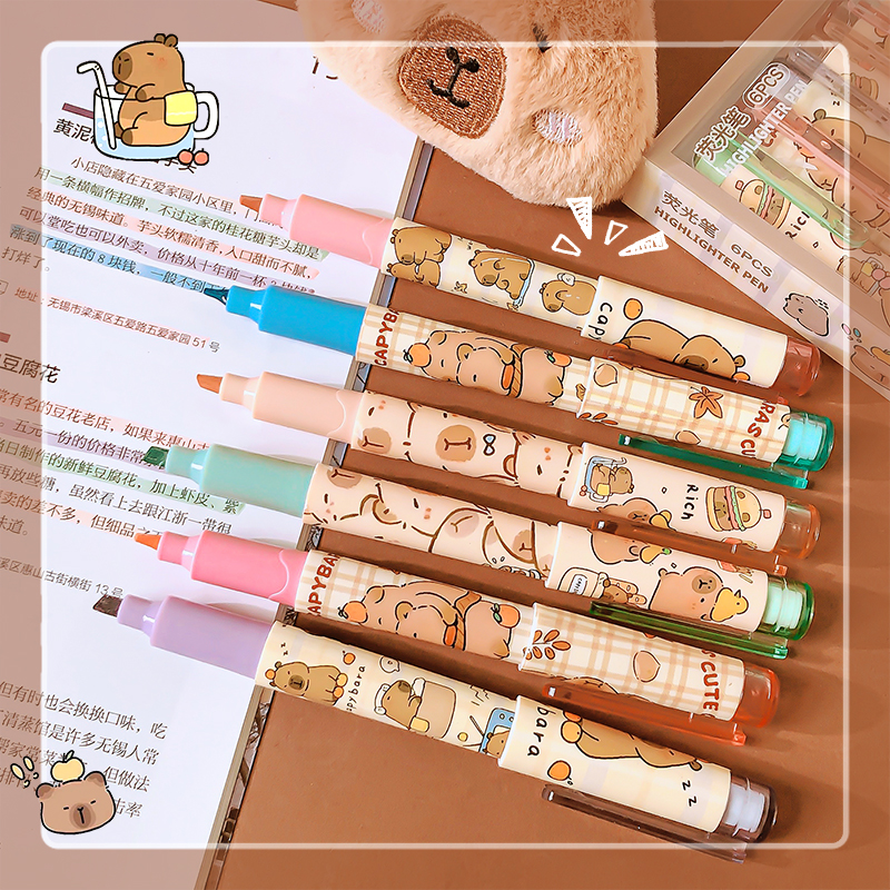 Suministros de papelería kawaii, accesorios escolares, bolígrafos bonitos para dibujar, marcadores de colores, rotuladores resaltadores de capibara, papelería estética