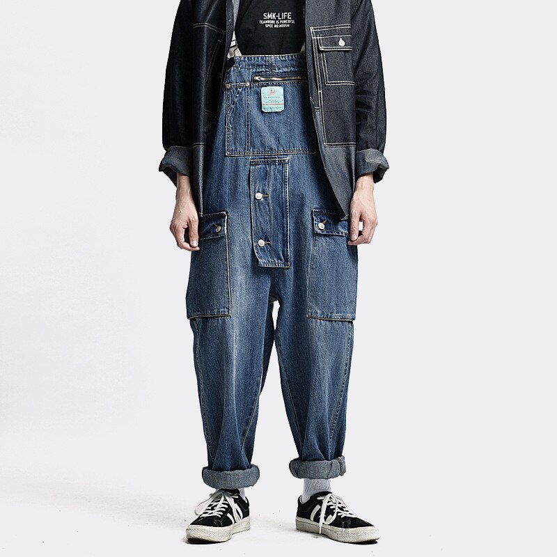 Man Harajuku Hip Hop Denim Bib Overalls Loose Fit Workwear Cargo Jeans Jumpsuits With Multi Pockets Suspender Pants