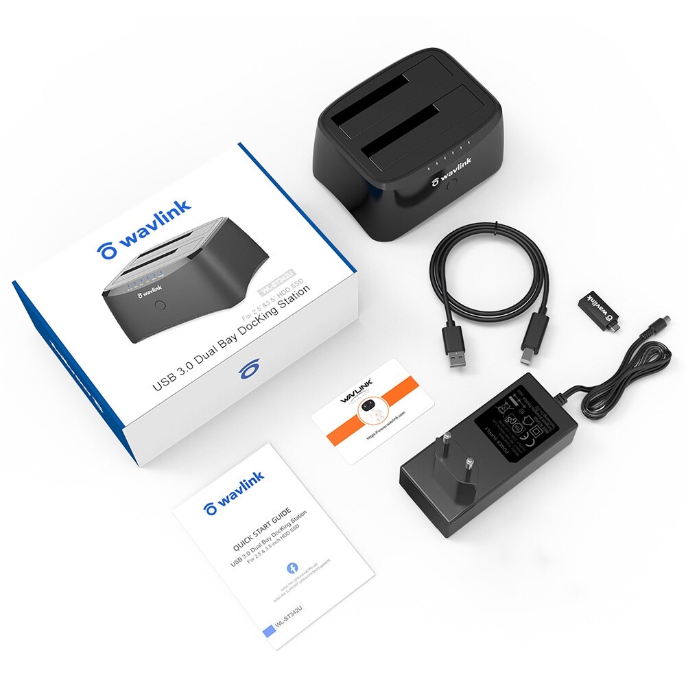 Wavlink-estación de acoplamiento SATA HDD, carcasa de disco duro USB 3,0 para HDD SSD de 2,5/3,5 pulgadas, Bahía Dual SATA a USB3.0, caja de acoplamiento: EU plug