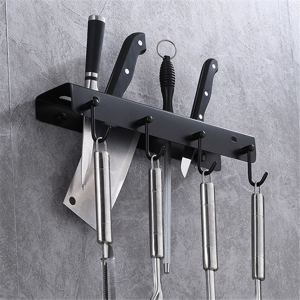 Black Knife Block with Hook Wall Mounted Knives Holder Pantry Rack for Storage 304 Stainless Steel Knife Shelf Utensils