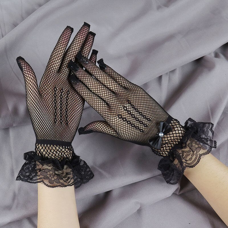 Ladies Short Lace Gloves Maid Sheer Fishn Net Black White Prom Tea Party Gloves Female&#39;s Fashionable Mittens for Women: Black bow