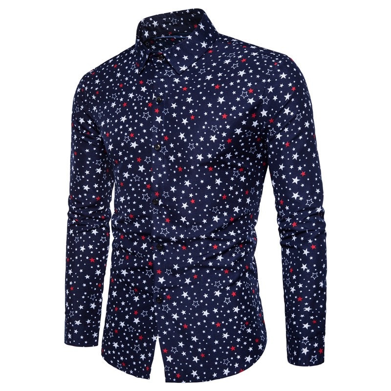 Skjorte med stjerner med print til mænd afslappet herretøj koreansk streetwear langærmede slim fit skjorter hvide top skjorter til mænd  mb14