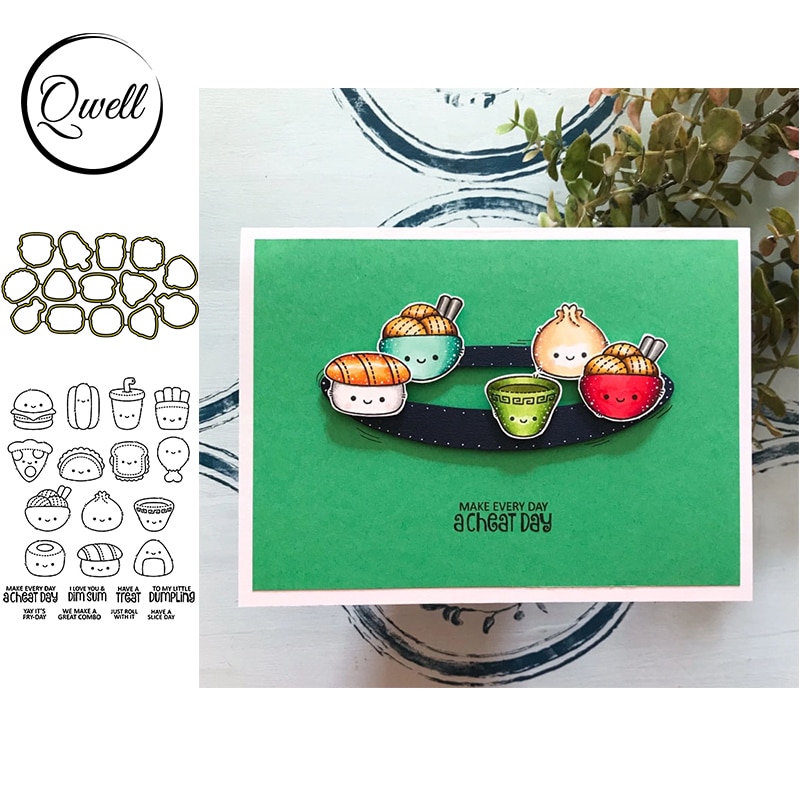 Qwell deilig sushi metall skjærende matriser med klare frimerker setning håndverk papirkort diy scrapbooking lage mal