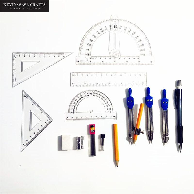 15 Piece Set Geometry Set with Swing Arm Protractor, Divider, Set Squares, Ruler, Compasses and Protractor By Kevin&amp;Sasa Crafts
