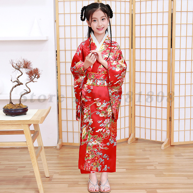 Mädchen Kind Japan Kimono Kleid Traditioneller Haori Yukata Bademantel Satin Luxus Orientalischer Bademantel mit Obi Kinder Cosplay Kleid
