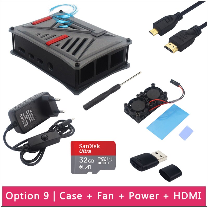 Raspberry Pi 4 Model B ABS Case Silver Gray Plastic Shell Box Optional Dual Cooling Fan SD Card Power Adapter for Raspberry Pi 4: Option 9