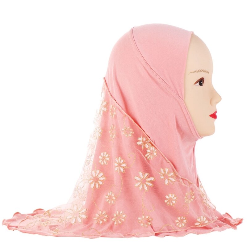 Children Kids Muslim Small Girl Hijab With Lace Flower Pattern Islamic Scarf Shawls Stretch 56cm 7-11 Years Old