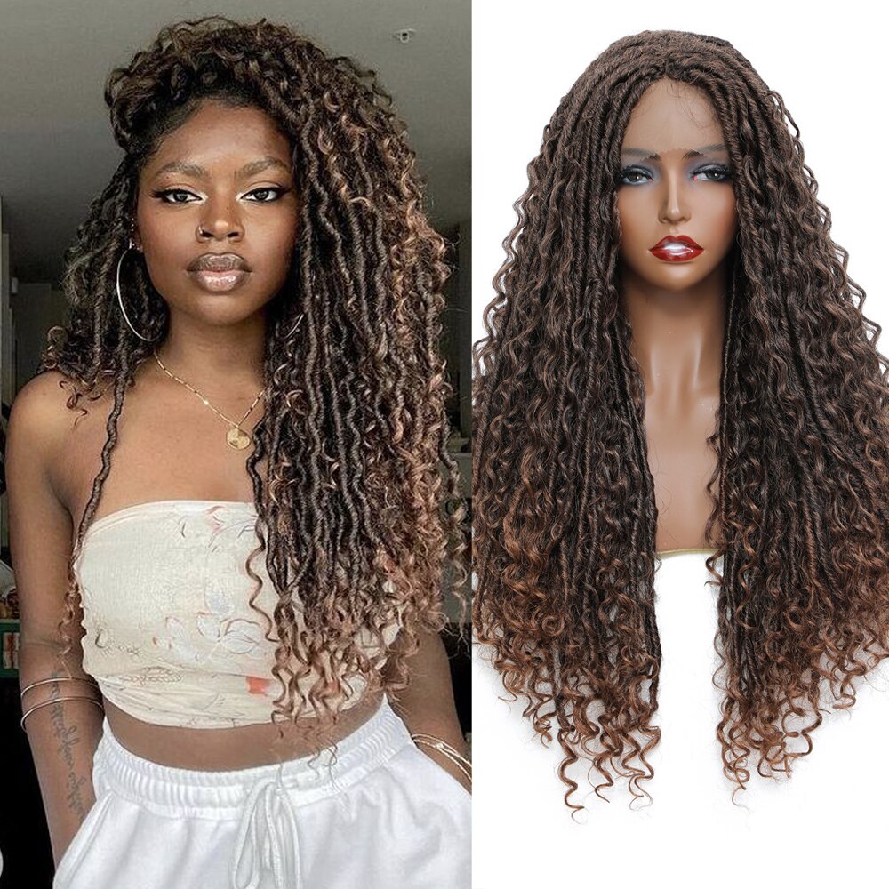 X-TRESS Faux Locs Braided Wigs Synthetic Lace Front Wig for Women Straight Dreadlock Mixed Curly Hair Middle Part Crochet Braids: MT1B-30