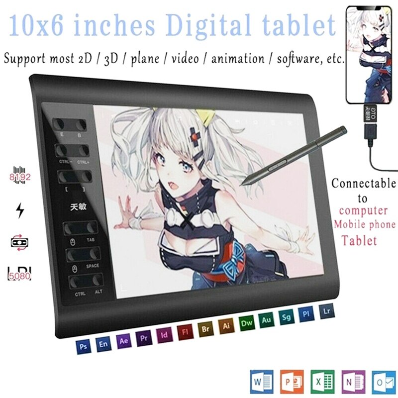 10*6 ''IPS HD graphique dessin numérique tablette moniteur stylo affichage 233 Point lecture rapide pression détection universelle
