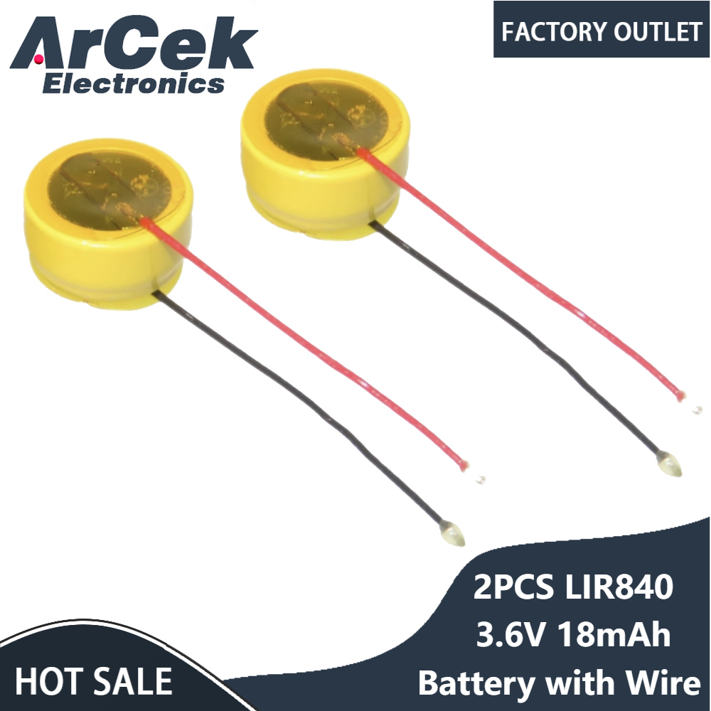 Bateria de botão recarregável lir840, 2 peças com fio 3.6v 18mah baterias de lítio para fone de ouvido bluetooth tws