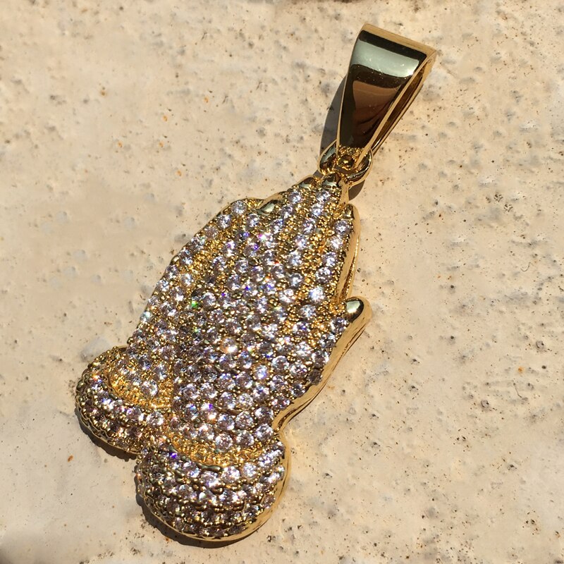 Langtidsholdbare micro pave cz buddha vedhæng halskæde guld kors hip hop smykker til mænd og kvinder jul: Cz bedende hånd