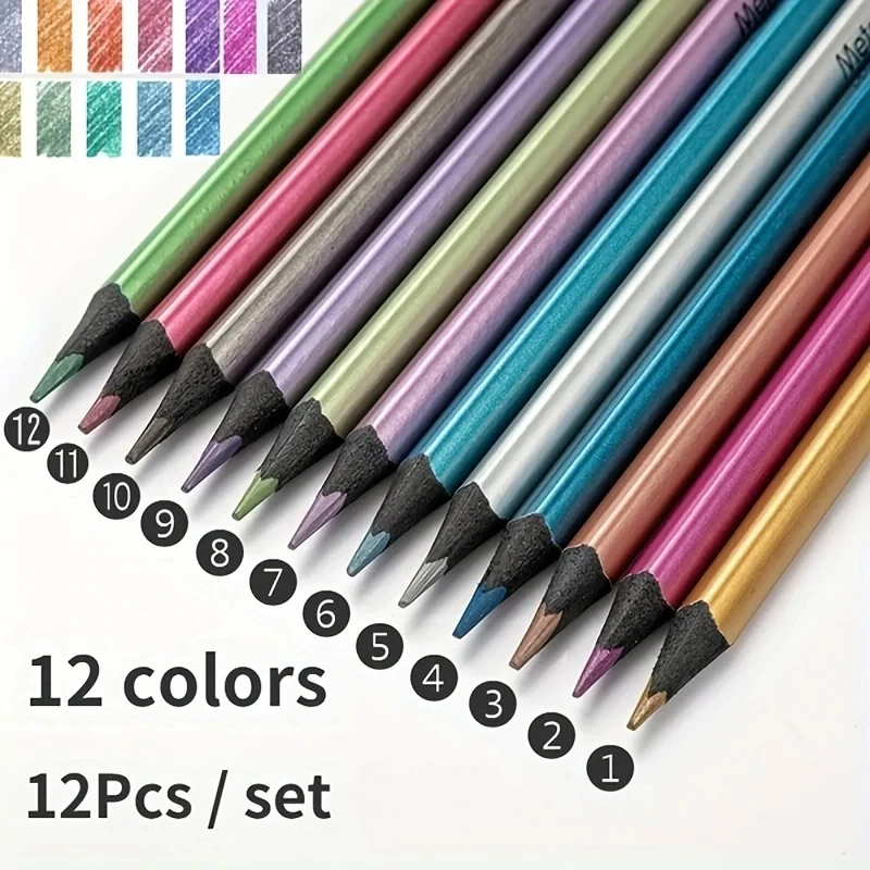 Matite colorate metallizzate da 12 colori impostato da disegno per schizzi Matite colorate per pittura Forniture artistiche per penna da colorare per artisti impostato da 12 pezzi