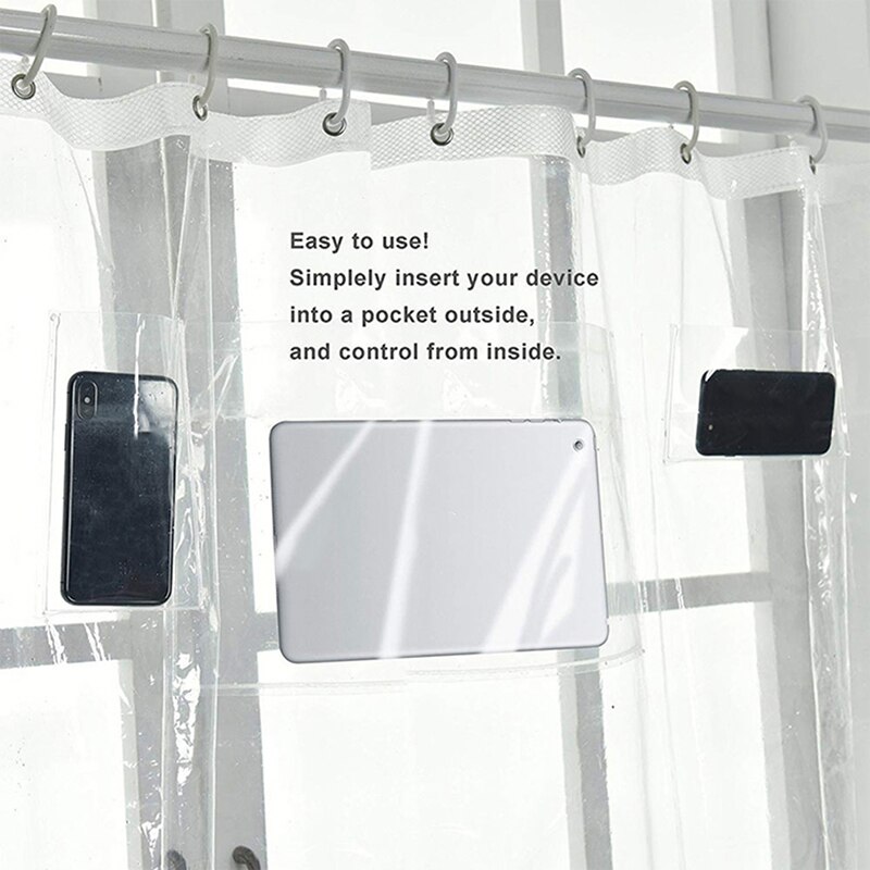 Gennemsigtig multifunktionel bruseforhæng telefon tabletholder klar bruseforhæng med lomme til berøringsskærms badeværelse brusebad