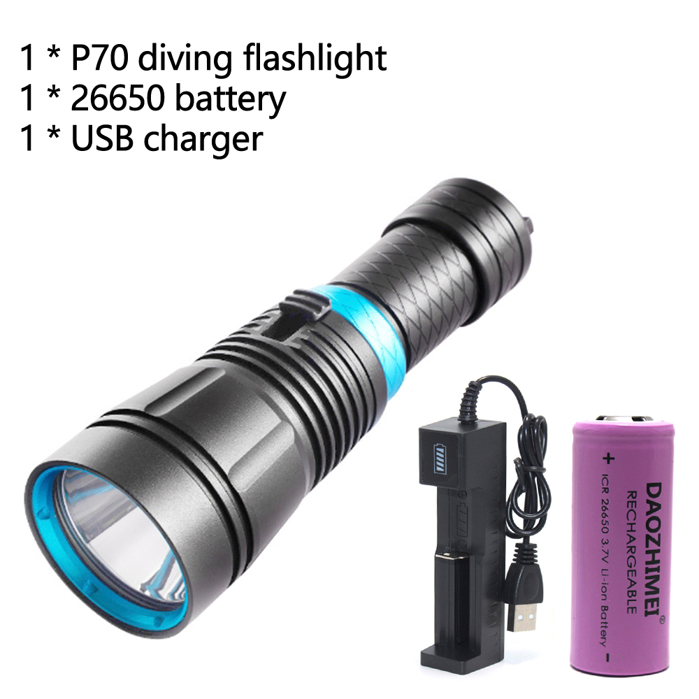 5000lm xhp 70 dykkerlommelygte 80m undervandsdykkerlommelygte ipx 8 vandtæt dykkerlampe 26650 batteri: Hvid / Sort