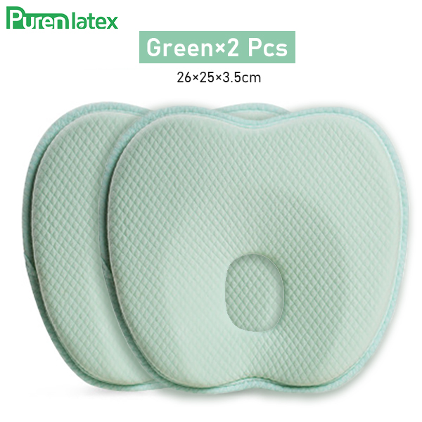 Purenlatex Newborn Baby Head Shaping Pillow 0-12 Months Memory Foam Preventing Flat Head Syndrome(Plagiocephaly) Neck Support: Green 2 Pcs