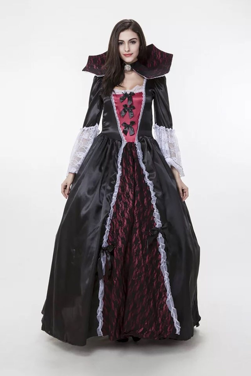 Disfraz de vampiro Versalles gótico para mujer, vestido de encaje de longitud completa, negro oscuro, con cuello alto, para Halloween