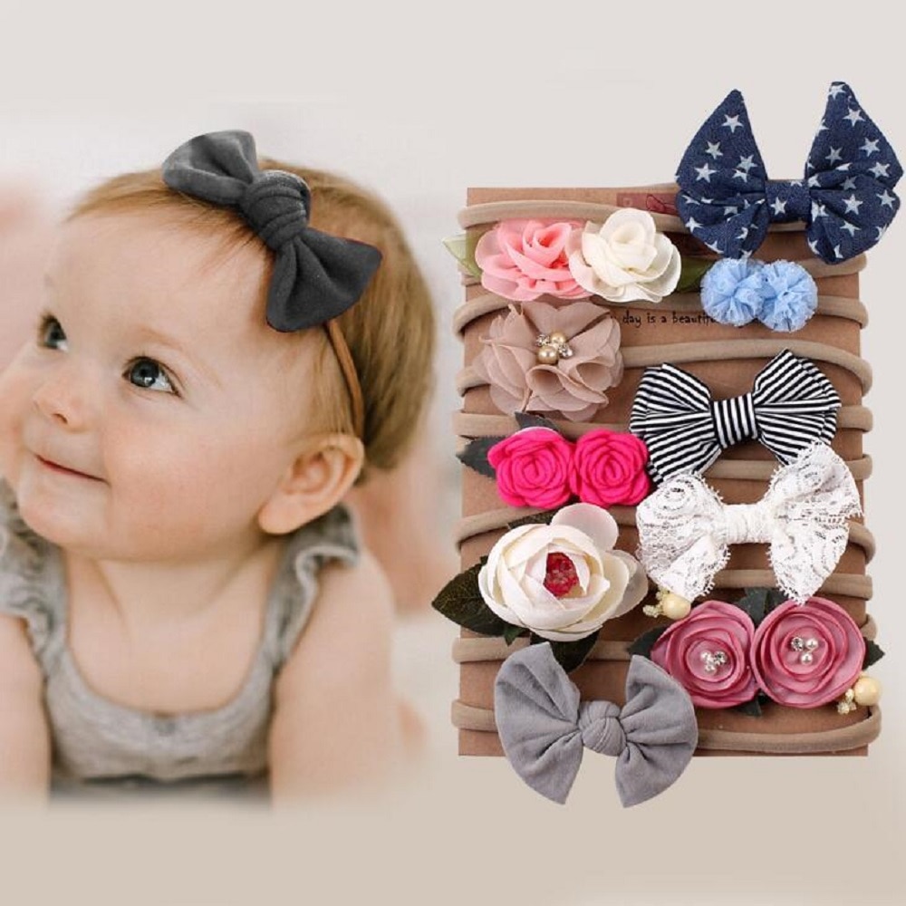 10 Pcs Pasgeboren Baby Meisjes Haaraccessoires Strik Bloem Hoofdband Haarband Set