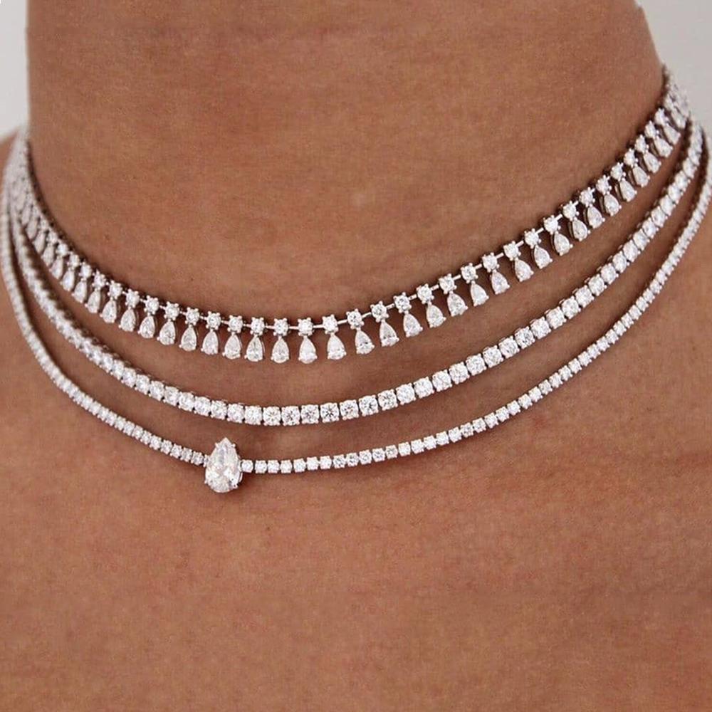 GLAMing Crystal Zircon Choker Necklace for Women Gold Chain Bling Water Shaped Silver-plated Tennis Chain Necklace Collar