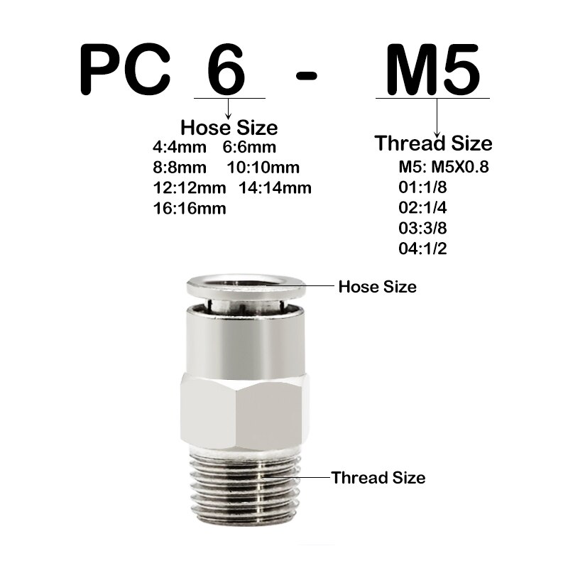 All-Copper Nckel-Plated PC4mm 6mm 8mm 10mm 12mm Pneumatic Connector Tracheal Straight Through Male Thread Quick-In Connector