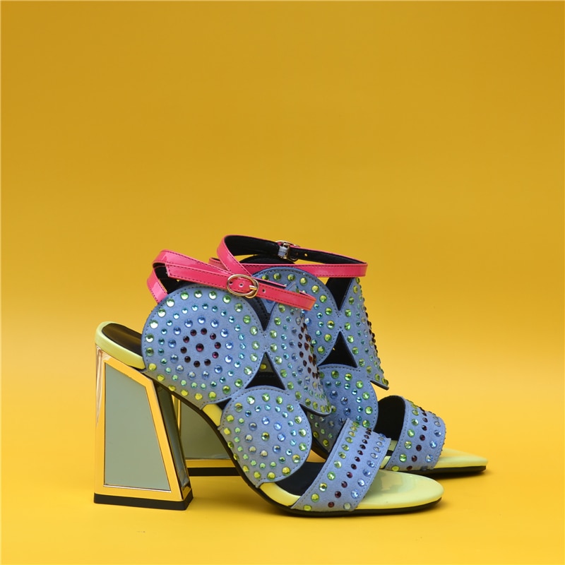 Strass bling bling højhælede sandaler krystal kvinder bryllupssandaler chunky hæl sommersko ankelbælte gladiator sko