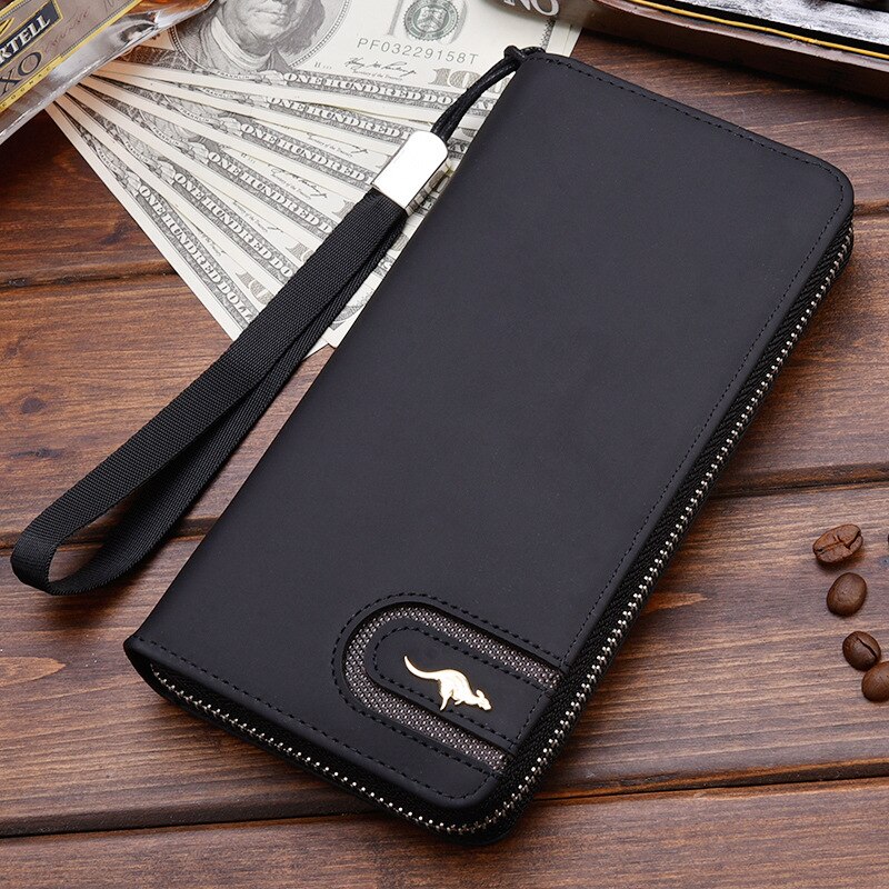 Men&#39;s Leather Wallet Zipper Long Purse Big Capacity Clutch Phone Bag Wrist Strap Coin Purse Card Holder For Male: Black B