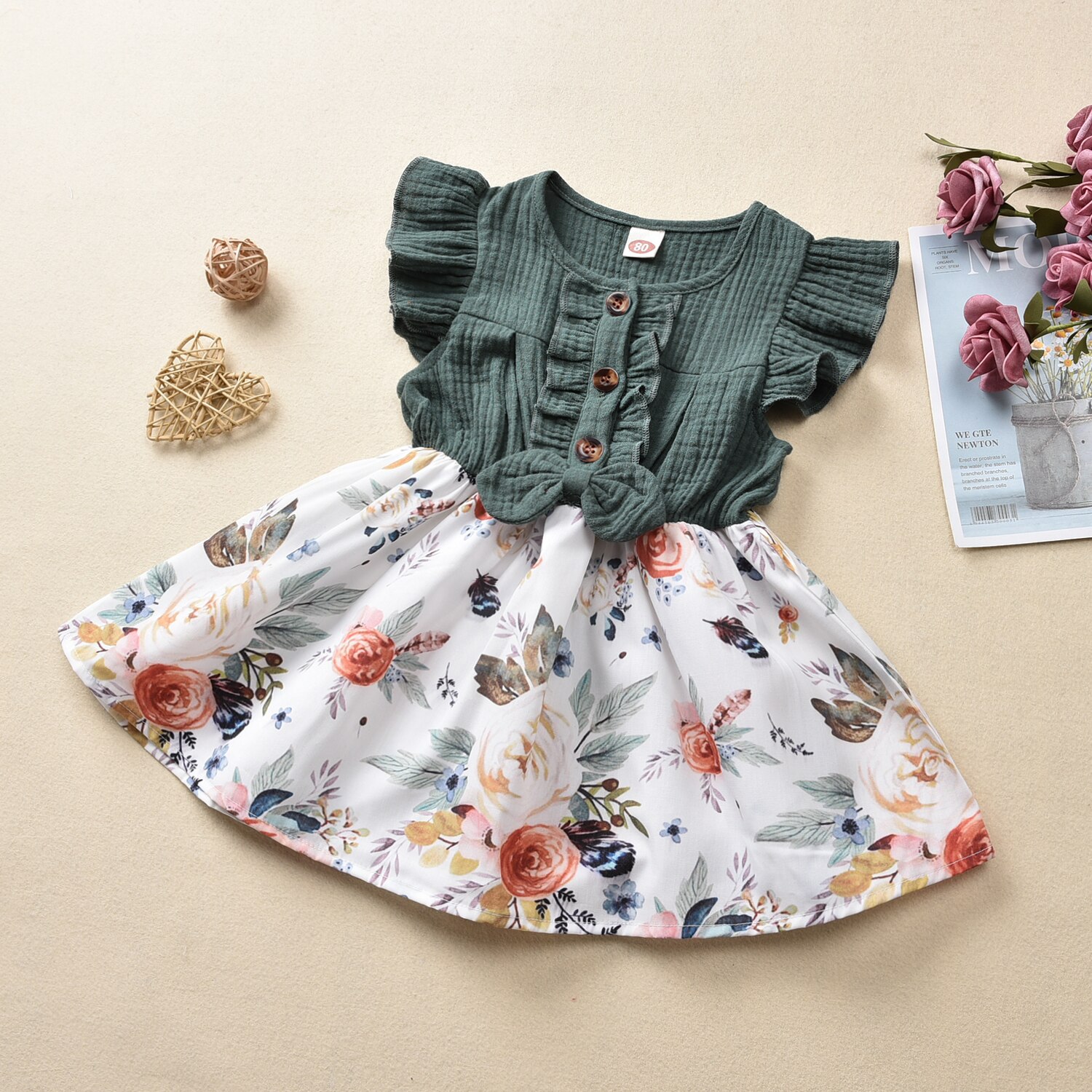 Citgeett sommer 1-5 år baby piger kjole sløjfe blomster print flæser ærmer knæ patchwork længde a-line kjole