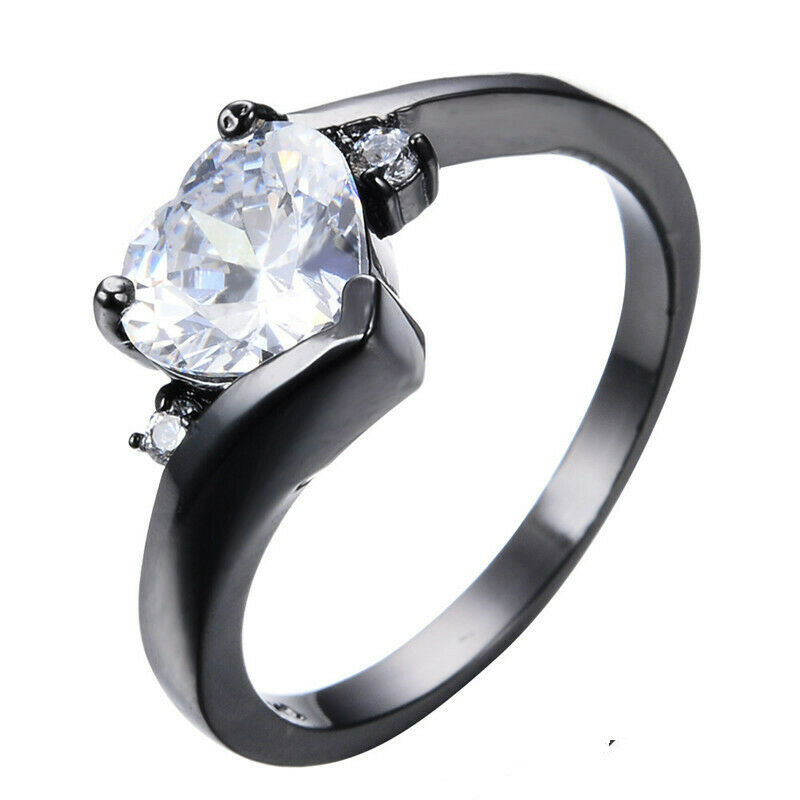 Anillo de mujer chapado en oro negro con circonita, granate en forma de corazón, tamaño 6-10: 8 / Blanco