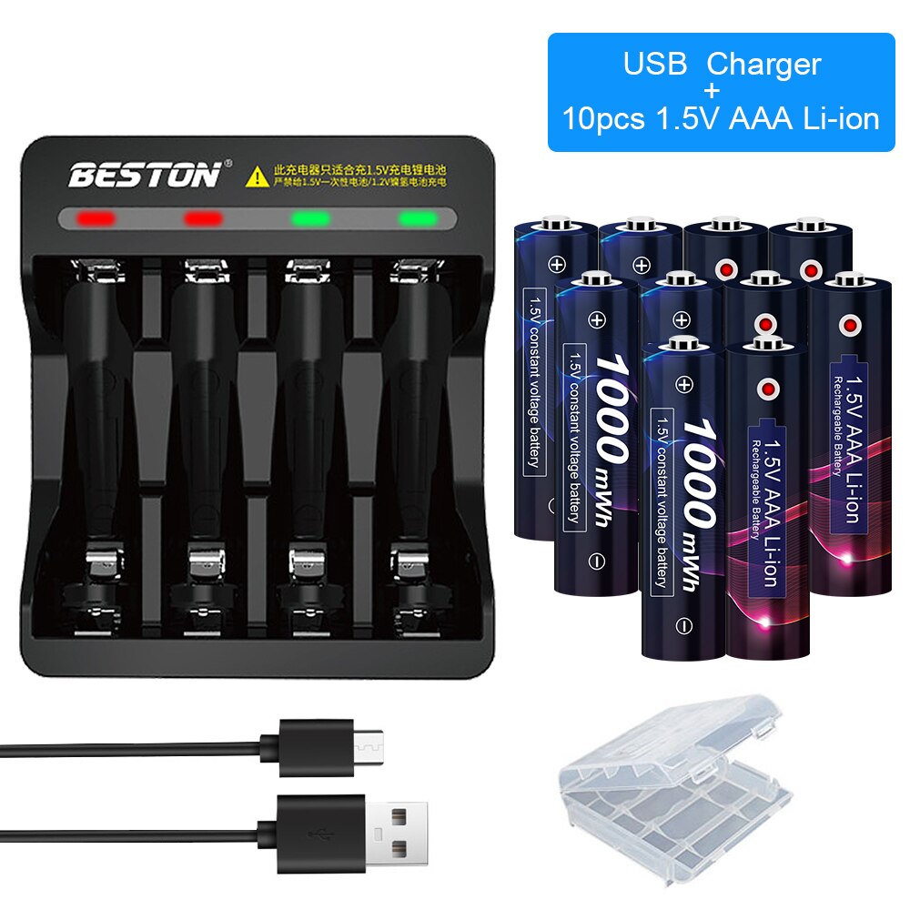 1.5V Aaa Lithium Li-Ion Oplaadbare Batterij 1000mWh 3A Oplaadbare Batterijen Aaa 1.5V Voor Zaklamp Klok Muis Batterijen Aaa: 10AAA and charger