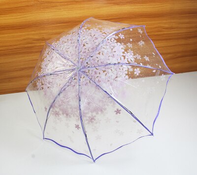 Fortykning gennemsigtig tre gange regn paraply japansk kirsebærblomst plast pvc klar falbala paraplyer kvinder parapluie: Lilla