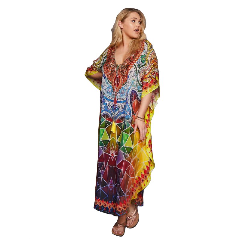 Marokkaanse Kaftan Bohemian Gedrukt Zomer Jurk Lange Katoenen Tuniek Vrouwen Plus Size Beach Wear Badpak Cover Up Robe de Plage