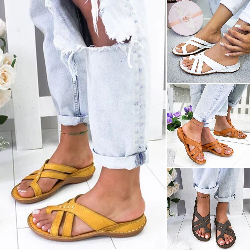 Damen Reise Frauen Sandalen drinnen draussen Schuhe Fuß Korrektur lässig Sommer Strand Offene spitze Flache Ferse PU Leder Weiche Nicht Unterhose