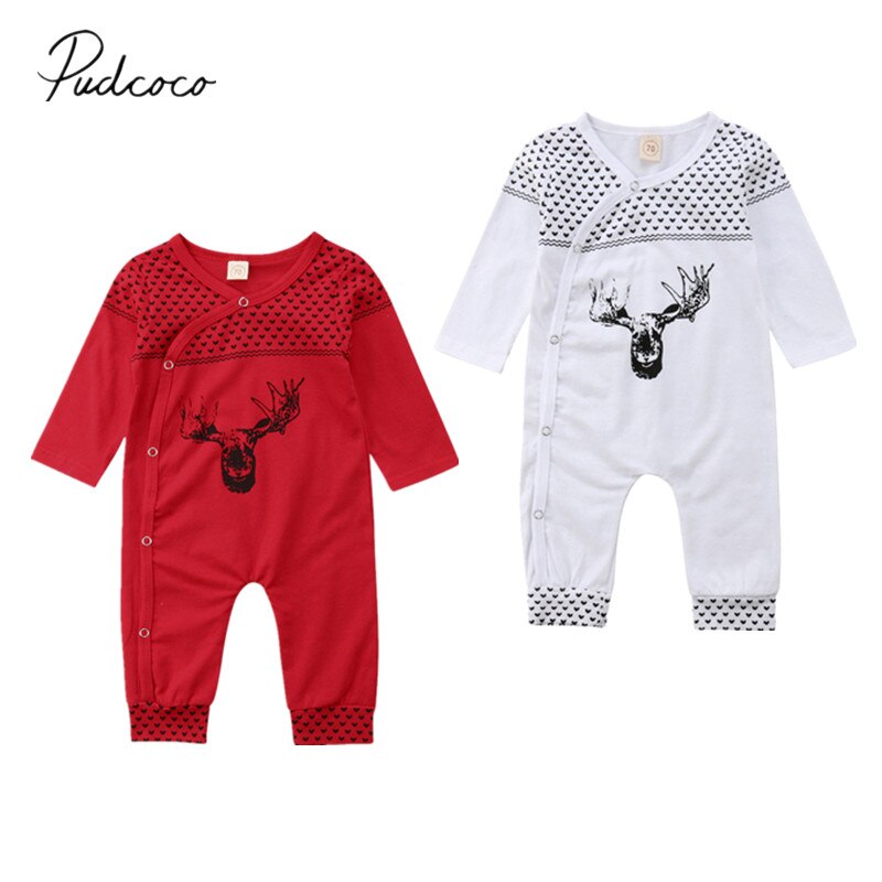 2018 Brand New Natal Da Criança Do Bebê Meninas Meninos Romper Manga Comprida Único Breasted Veados Impressão Macacões Romper Outono Roupas de Inverno