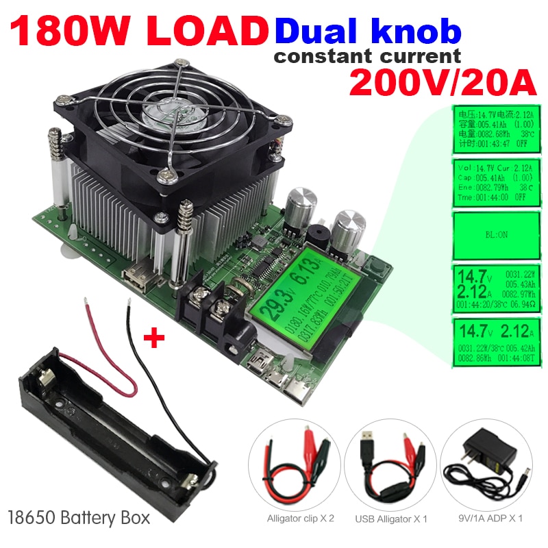 180W Digital capacity tester power supply indicator dc 200V electronic load discharger resistor usb check test+18650 battery Box