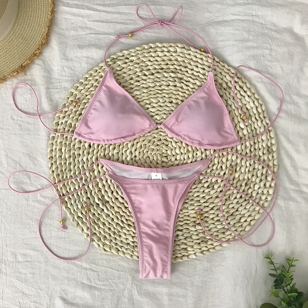 Badedragt kvinder strandtøj badetøj ensfarvet mini bikini sæt mikro bikini sexet badedragt kvindelig brasiliansk biquini badetøj: L / Beige