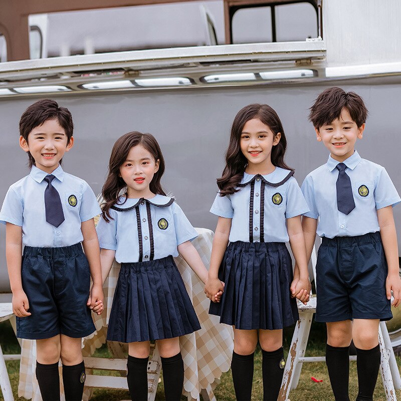 Uniforme escolar japonés coreano de algodón para niños y niñas, camisa azul, faldas plisadas, pantalones cortos, conjunto de ropa, traje para estudiantes
