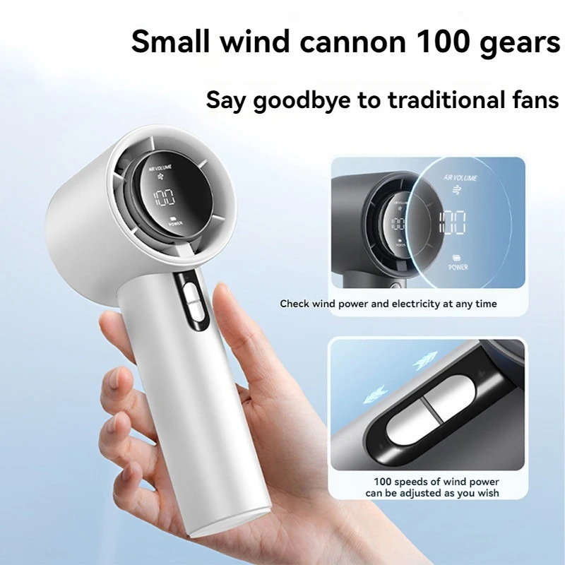Neuer tragbarer Hochgeschwindigkeitsventilator, USB-Aufladung, Mini, tragbar, 100 Geschwindigkeiten, Turbo, heftig, kleiner, leistungsstarker Außenventilator, 3000 mAh Akku