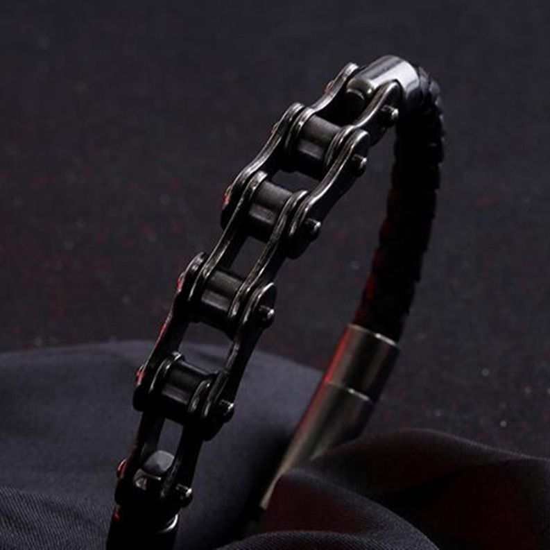 Punk Schwarz Edelstahl Fahrrad Kette Leder Armband männer Rock Partei Biker Schmuck