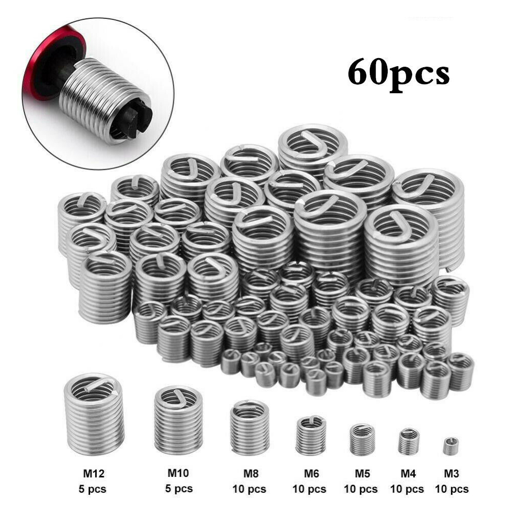 60pcs High Strength Spiral Thread Insert Set Stainless Steel Sheath Repair Tool Easy Install Useful Industrial Wire Screw Sleeve